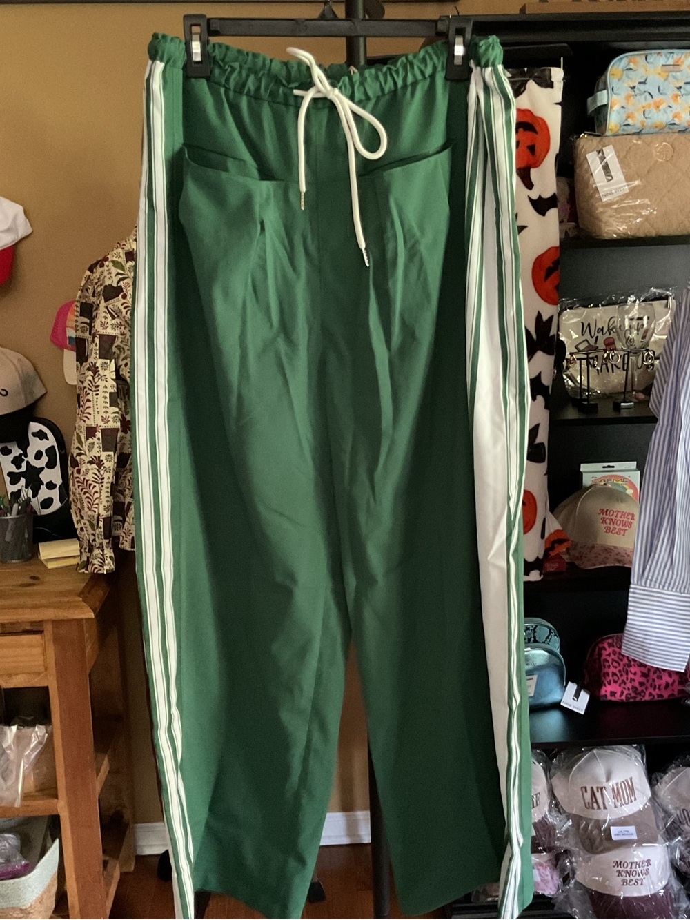 Girls' Green Barrel Pants with Side Stripes